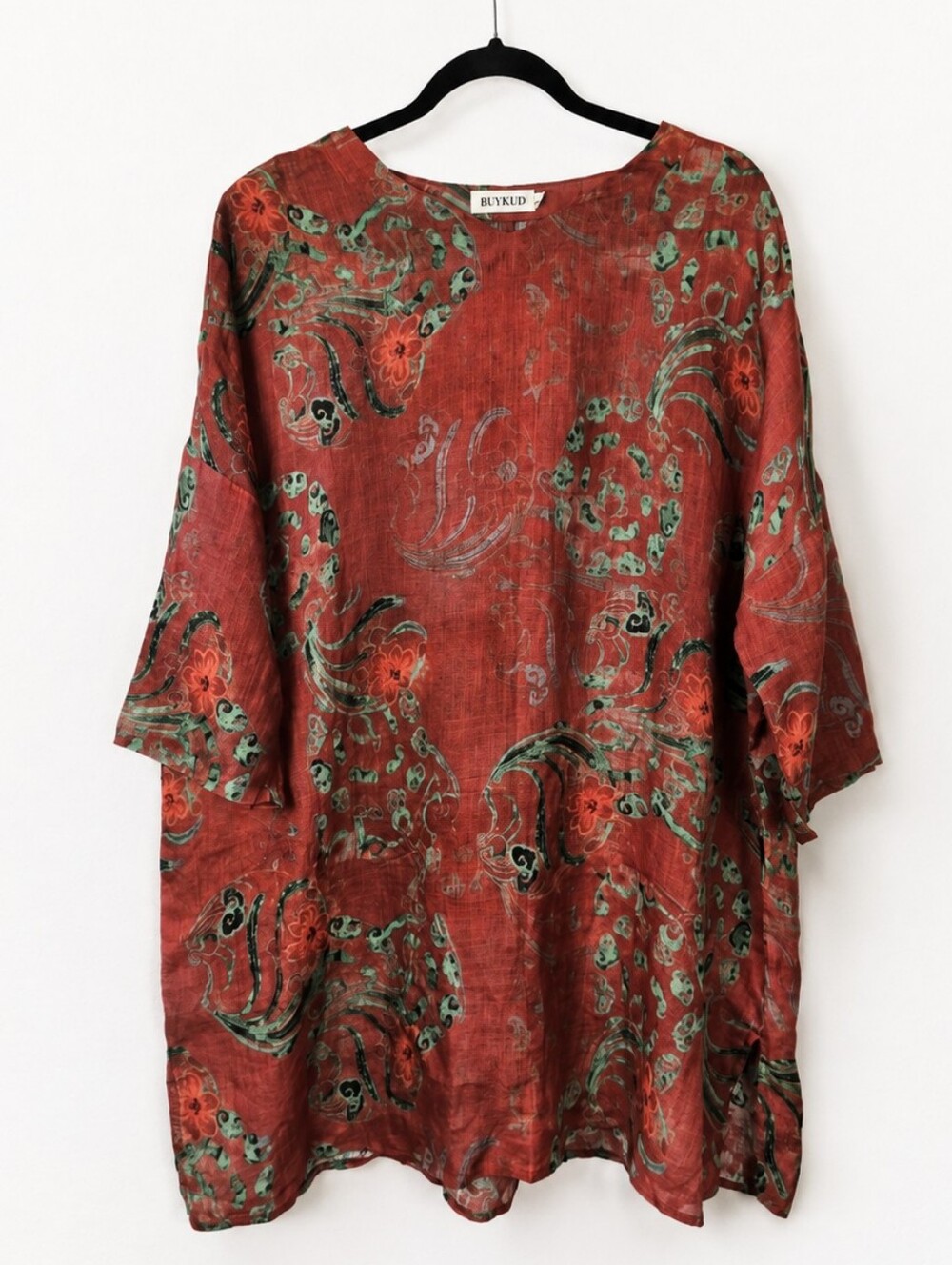 BUYKUD XL 100% Ramie Floral Tunic Top Lagenlook Artsy Boho Oversized